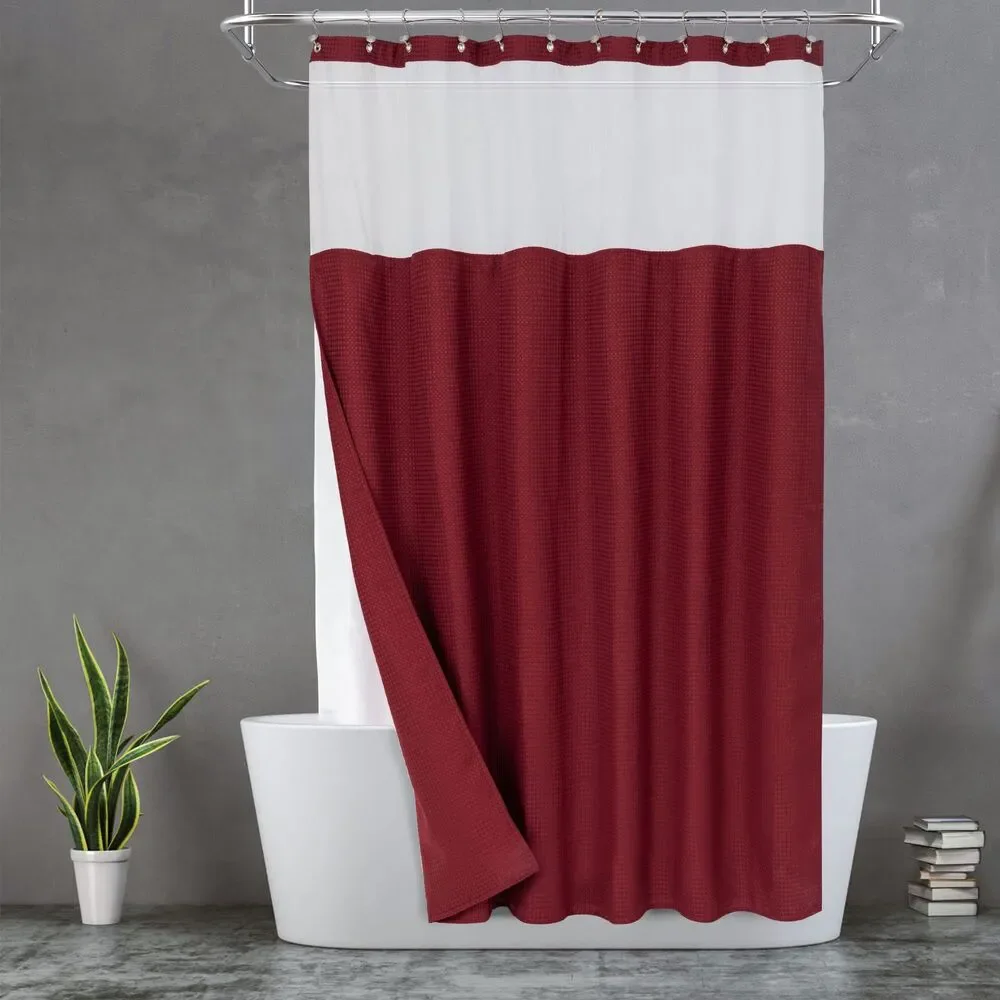 Waffle Weave Shower Curtain, Snap-in Fabric Liner & 12 Hooks (71x72, Wine Red)